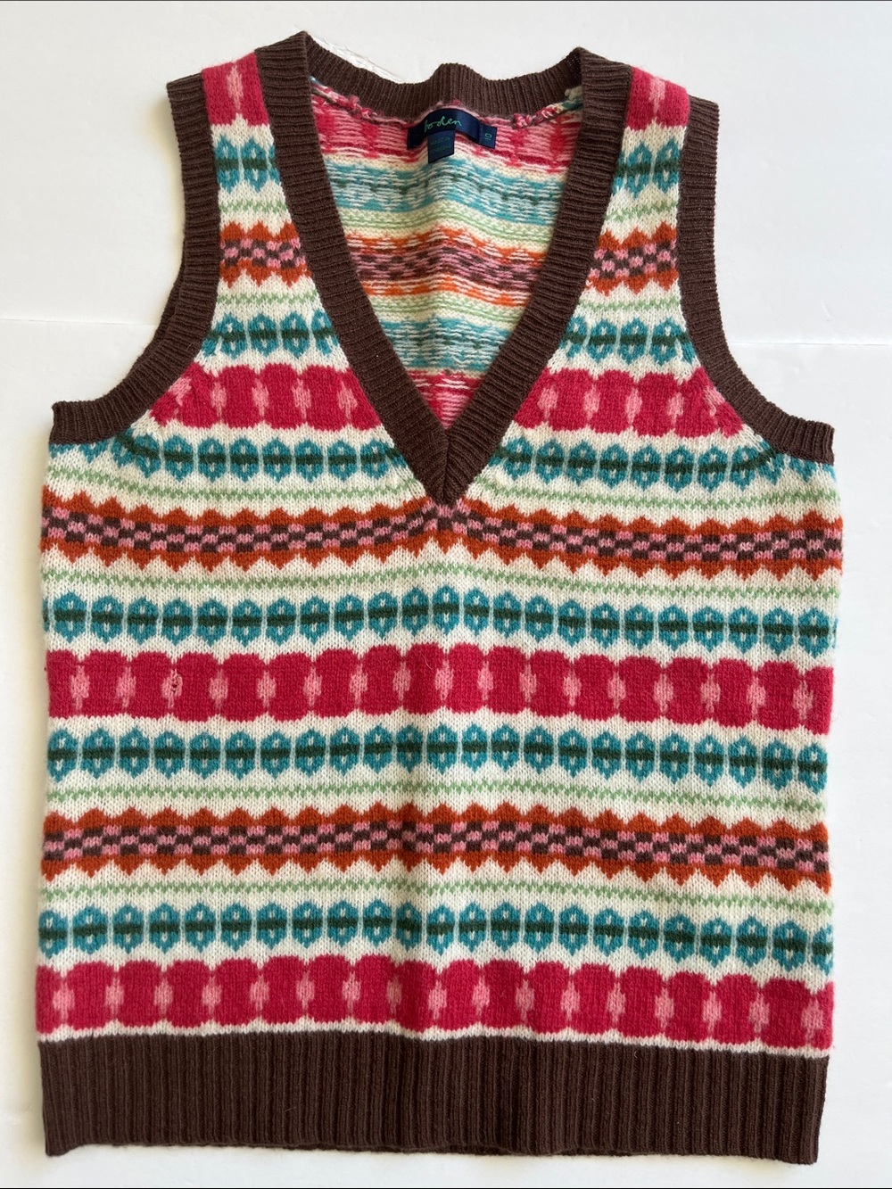 Boden Fair Isle Knit Sweater Vest with Brown Trim Size 10